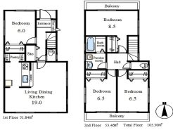 1階にLDKを配した生活動線に優れた2階建て4LDKです。主寝室8.5帖を含む全居室6帖以上。パントリー等収納も豊富です。