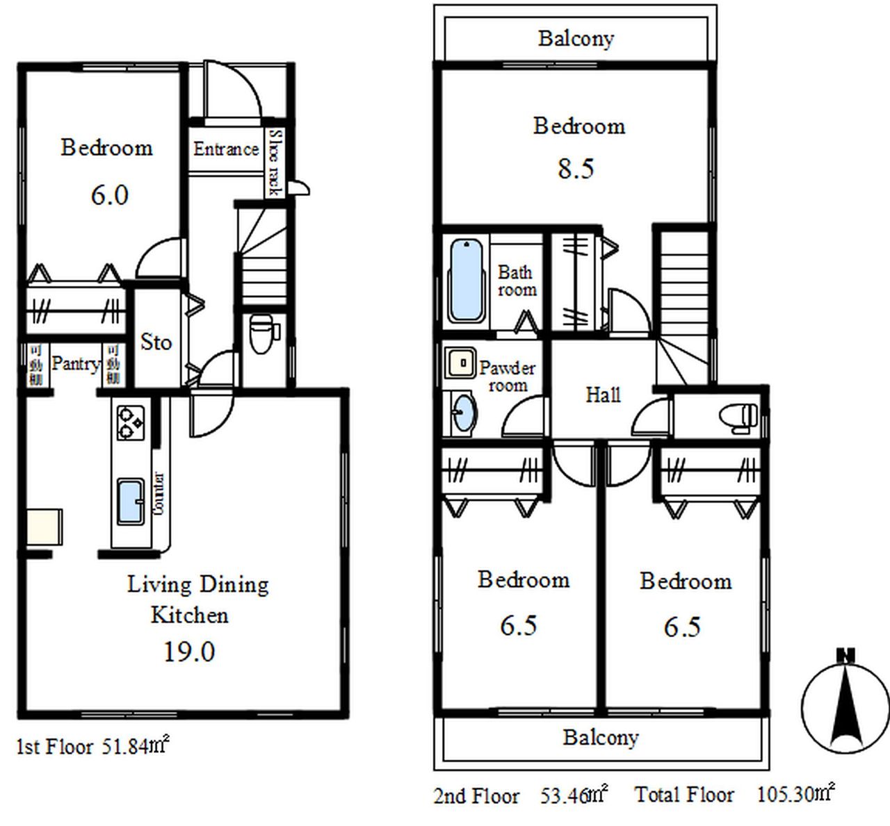 1階にLDKを配した生活動線に優れた2階建て4LDKです。主寝室8.5帖を含む全居室6帖以上。パントリー等収納も豊富です。
